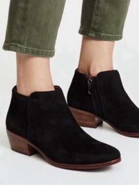 Sam Edelman Petty Black Suede Ankle Booties Boots Stacked Wood Heel 10 Wide